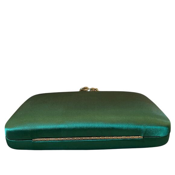 Natasha Crystal Green Satin Evening Clutch Gold Rhinestone Floral Detail New - Picture 6 of 16